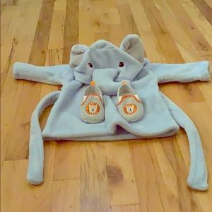 HB blue bathrobe 0-9mo. Rene Rofe 0-9mo shoes.